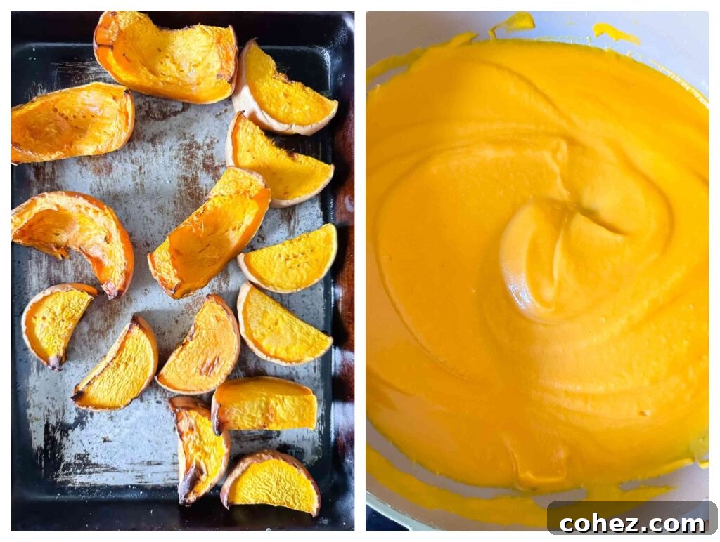 Two process shots illustrating the steps to prepare the creamy butternut squash sauce, from roasting to blending, showcasing the transformation.
