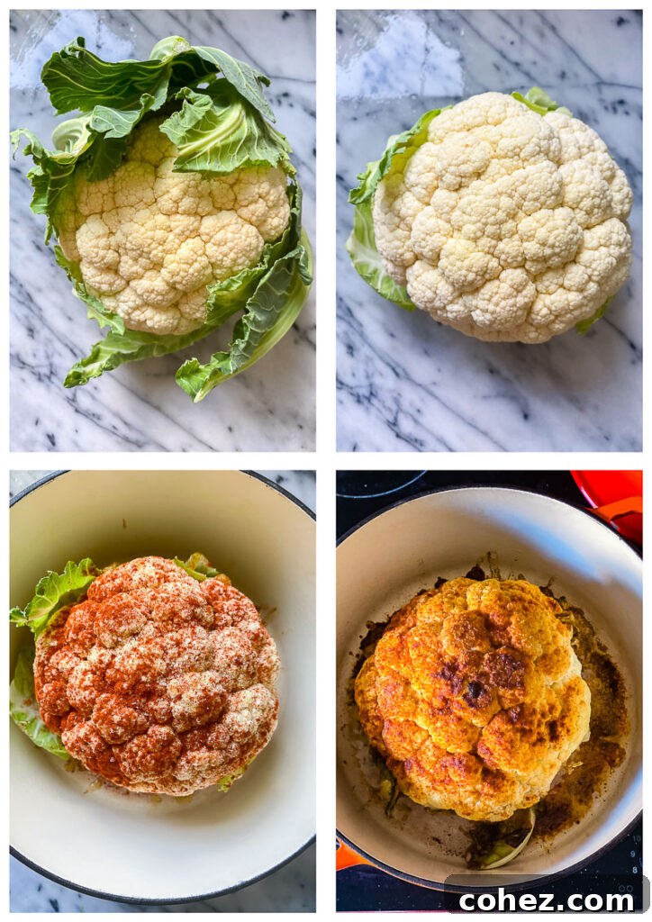 Four process shots showing the roasting of the cauliflower head at different stages