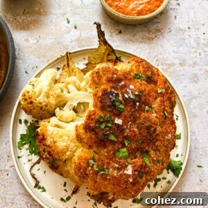Roasted cauliflower on a plate from the top down