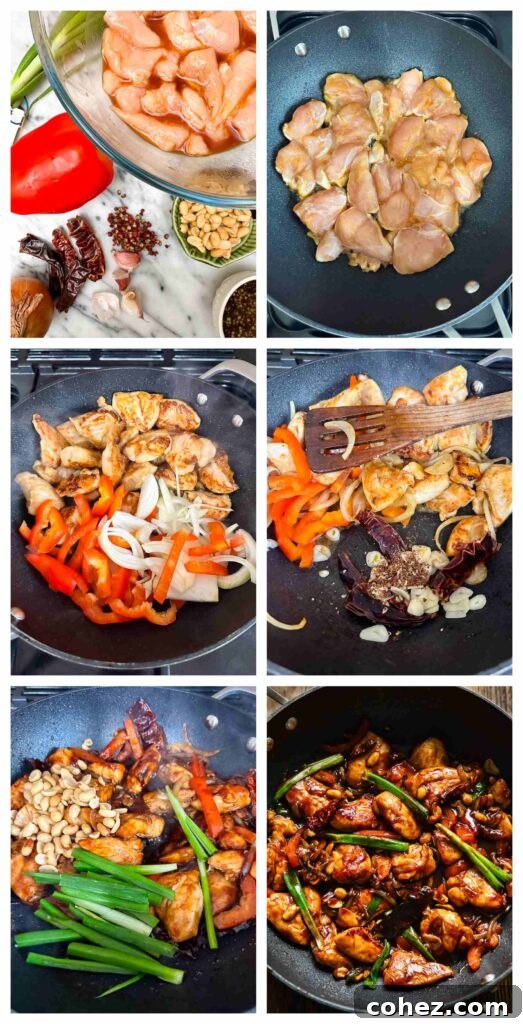 Process shots of chicken being marinated and veg being cut before it is stir fried together in a large wok
