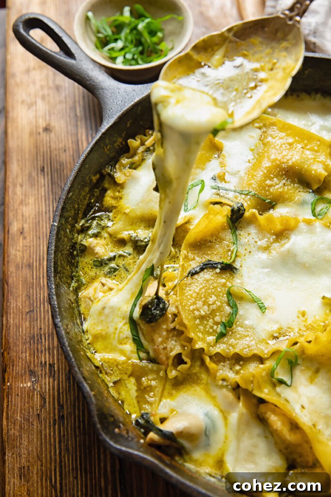 Close up shot of white chicken sauce and melted cheese from skillet lasagna