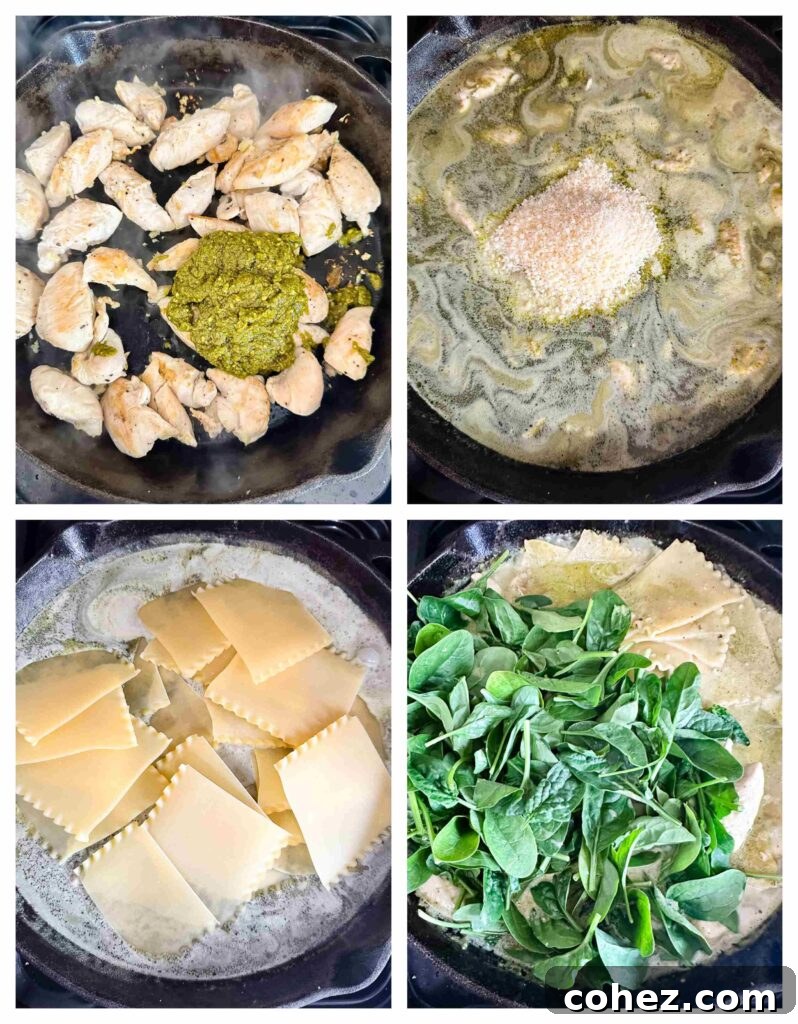 process shots of chicken breasts and pesto cooking in a pan before lasagna sheets and fresh pesto are added