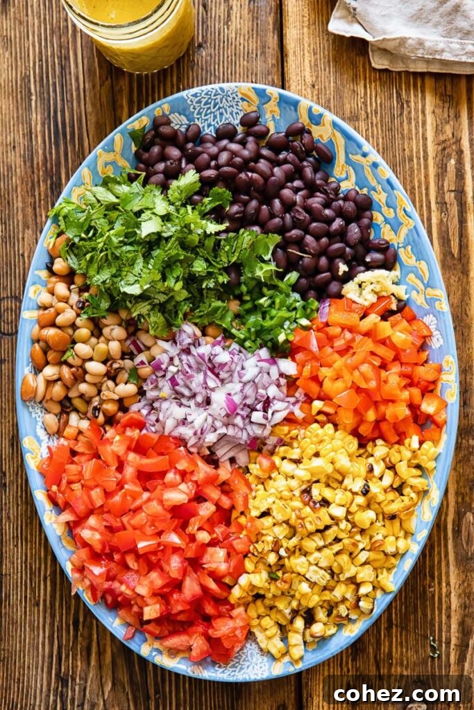 Process shot of all veg and herbs for cowboy caviar, diced and arranged on a plate