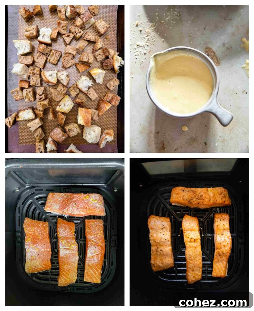 Regal Salmon Caesar 4 Process shots of croutons being bakes, Caesar dressing in a bowl and salmon being fried