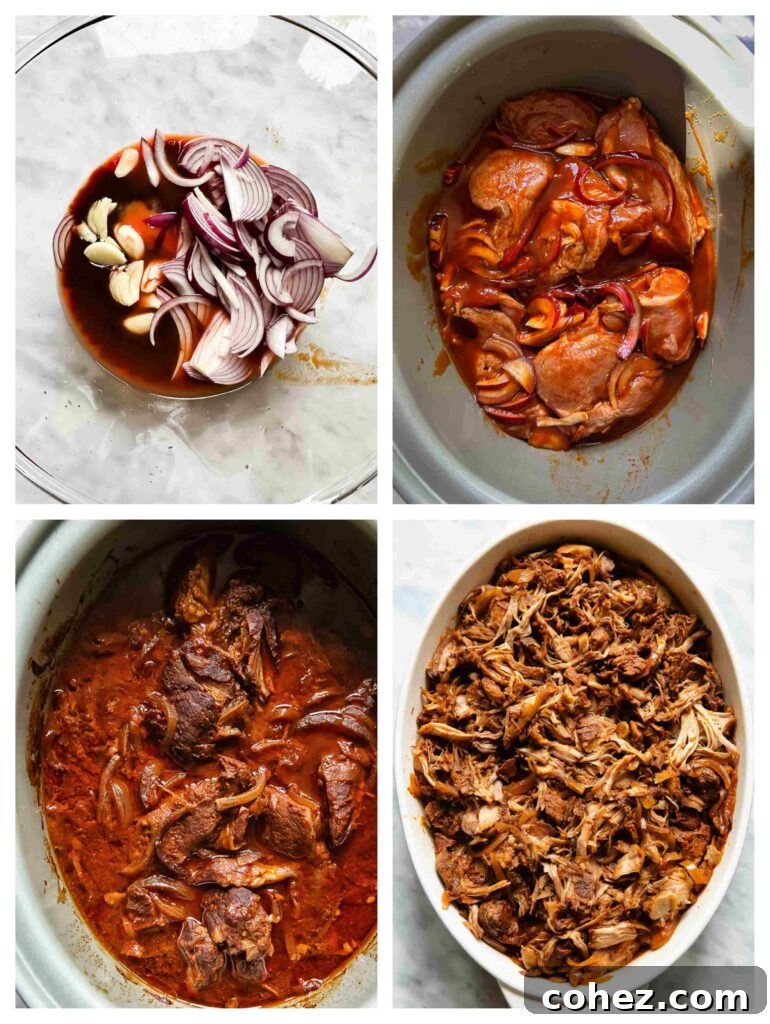Process shots of pork being marinated, slow cooked and pulled