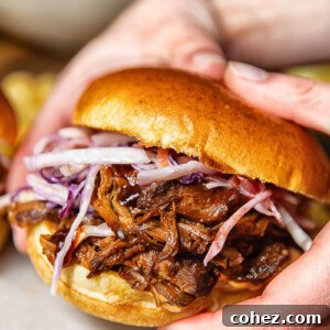 Close up shot of someone holding a pulled pork sandwich with fresh slaw