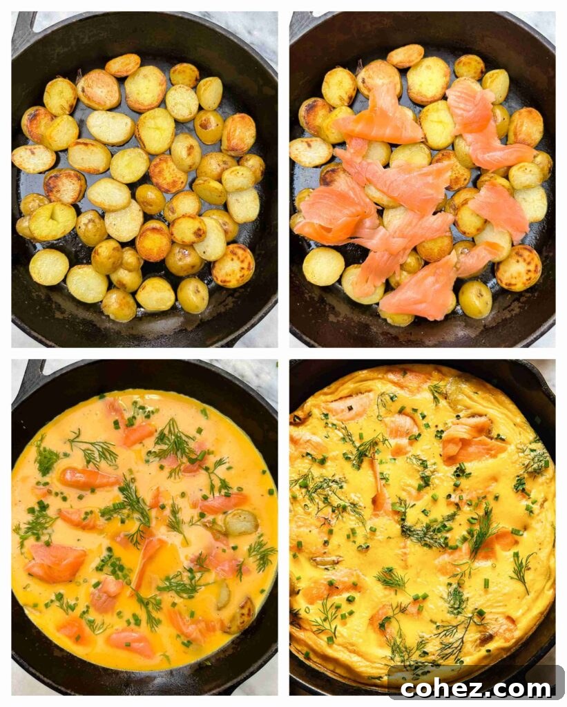 Process shot of potatoes and salmon cooking in a air fryer before cooked into frittata
