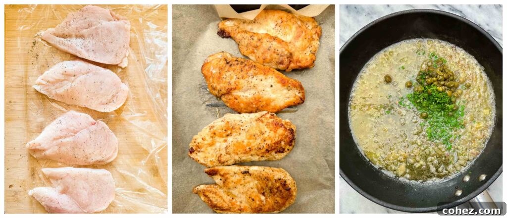 Process shots of chicken breasts being seared and cooked in piccata sauce