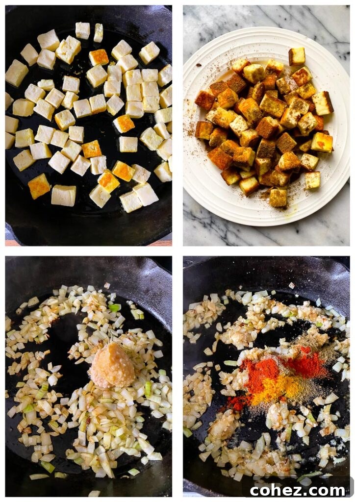 Process shots: Frying paneer until golden, then sautéing onions and spices in a pan.