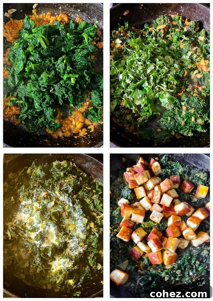 Four process shots showing spinach and cheese being added to the pan, and the finished Saag Paneer.