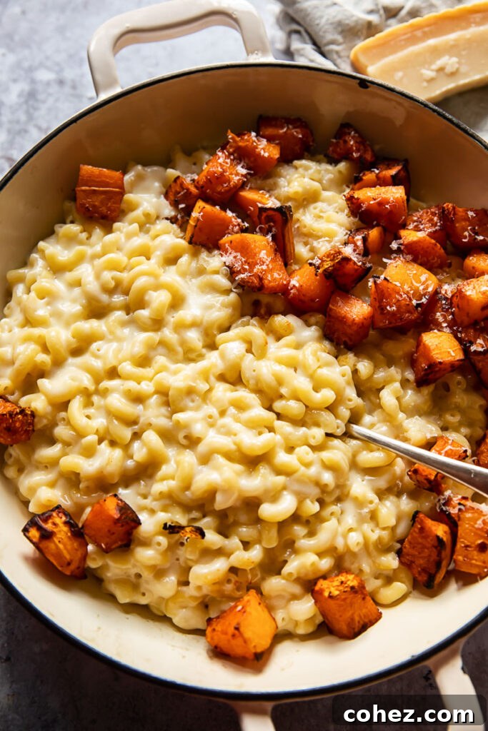Pan with butternut squash macaroni and cheese seen from the top