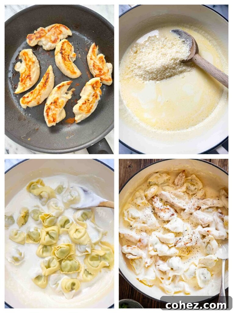 Process shots of chicken being grilled and Alfredo sauce being mixed into tortellini in a large pot