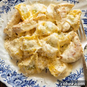 Top down shot of tortellini with chicken strips with an Alfredo sauce in a bowl