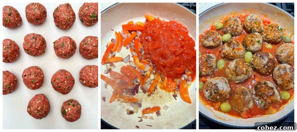 Process shots of meatballs being rolled up, fried and cooked with tomato sauce