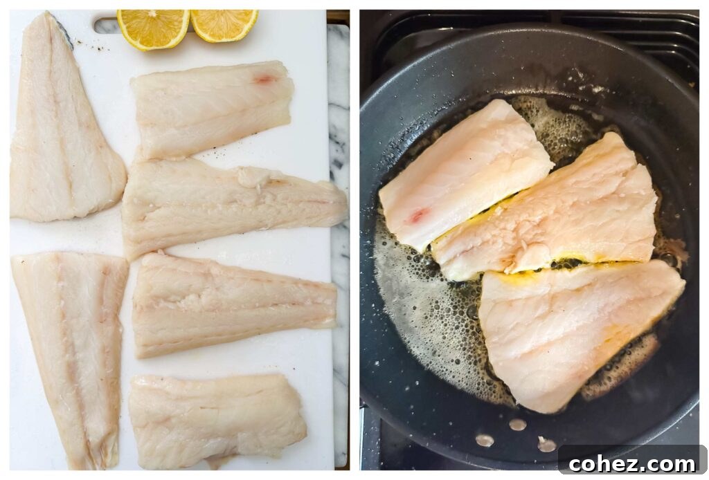 A collage of process shots showing fresh cod fillets being seasoned, then expertly pan-fried to a golden perfection in a non-stick pan, illustrating the simple cooking steps.