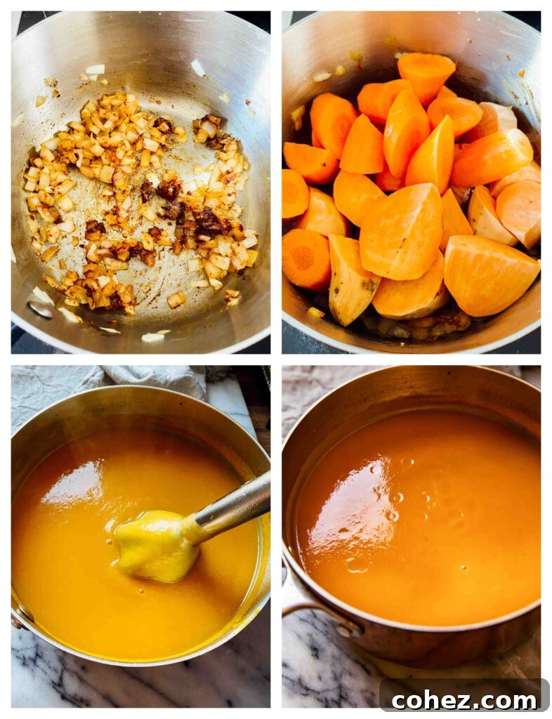 Zingy Sweet Potato Carrot Soup 4 A collage of process images illustrating the step-by-step creation of Sweet Potato and Carrot Soup, from sautéing aromatics to simmering vegetables, to blending into a creamy texture.