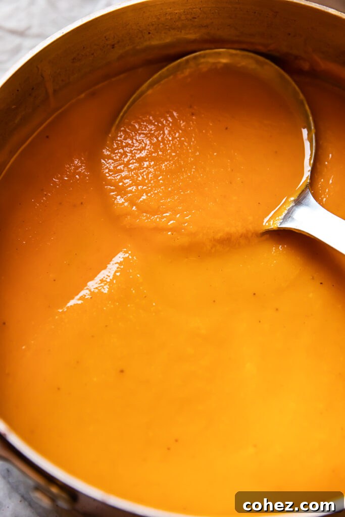 Zingy Sweet Potato Carrot Soup 5 A close-up of a large pot filled with the velvety smooth Sweet Potato and Carrot Soup, with a ladle resting inside, ready to serve.