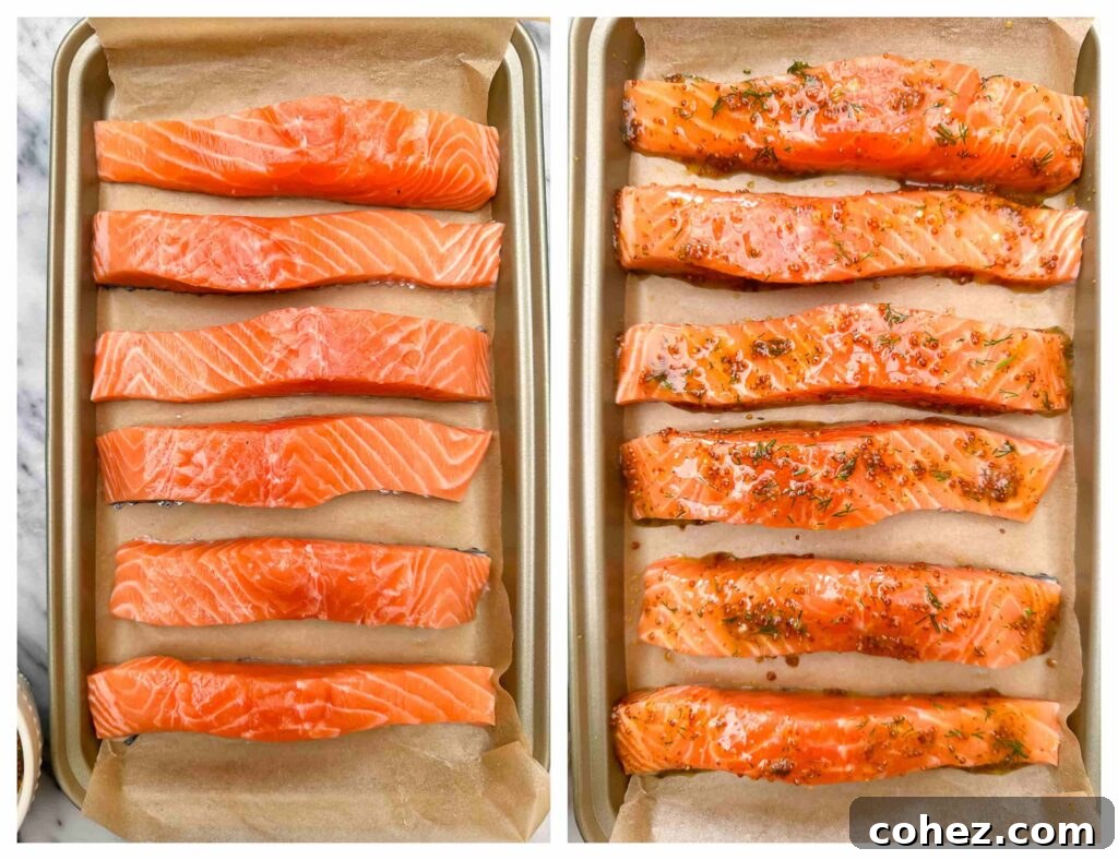 Process shots of salmon fillets being lined on a baking sheet and coated in a maple mustard glaze before baked in an oven