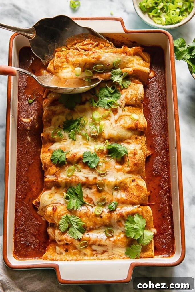 Top down shot of spoon scooping chicken enchiladas and smoky tomato sauce out of a deep baking dish