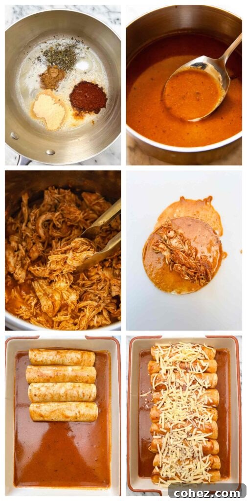 Process shots of chicken being cooked and shredded then rolled into tortillas and lined on a baking dish in smoky tomato sauce