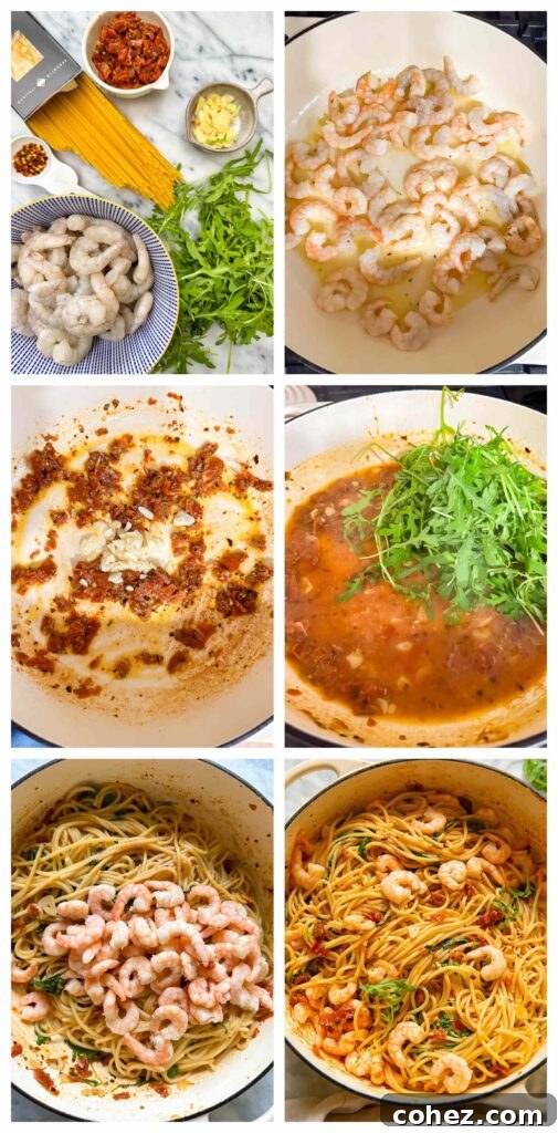 Process shots of sauce and shrimp being cooked before combined with spaghetti in a pan