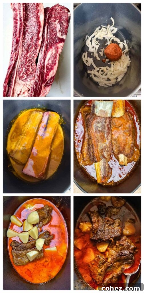 Process shots of beef shot rib being seasoned, slow cooked and made into massaman curry