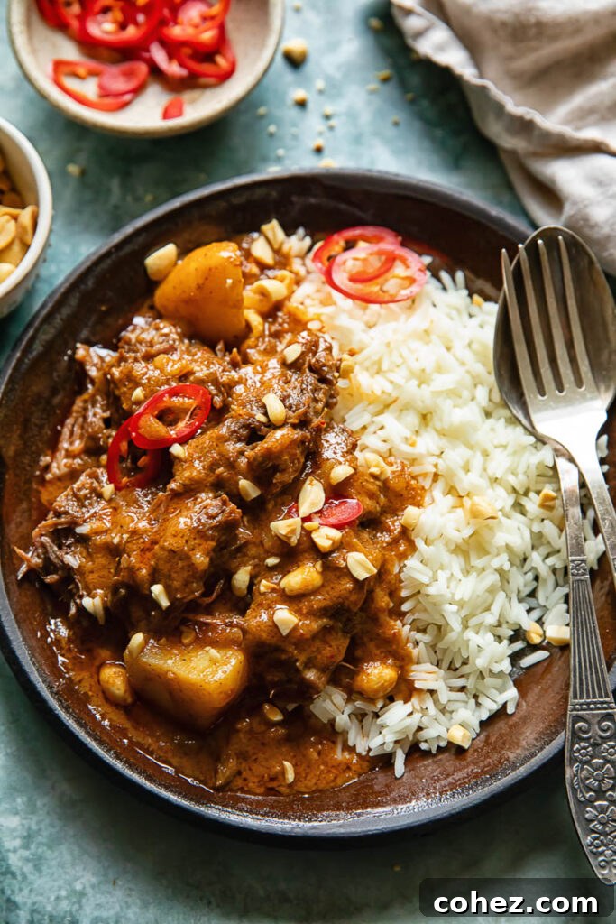 Top down shot of massamman curry with short rib, potatoes and peanuts on a plate with rice and a fork