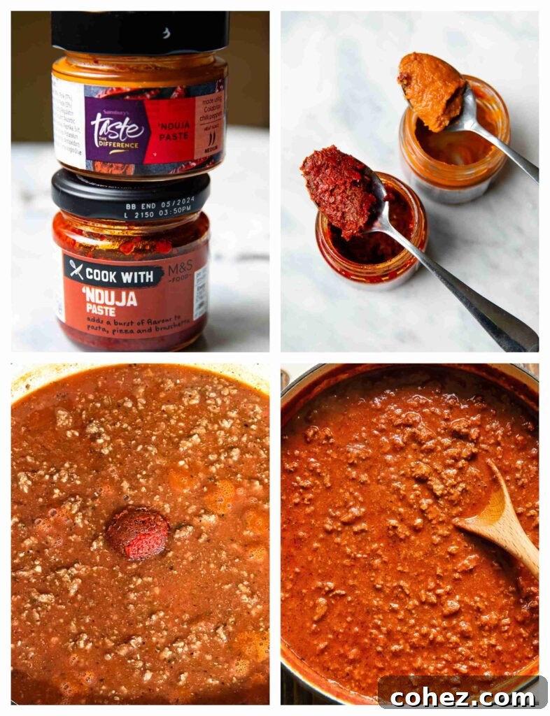 Process shots showing the creation of 'Nduja Beef Tomato Pasta Sauce: from browning ground beef to incorporating rich tomato sauce and spicy 'nduja paste in a deep cooking pot.