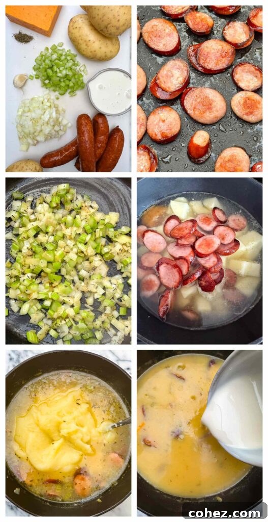 Process shots of kielbasa soup ingredients being prepared before cooked into soup in a pot