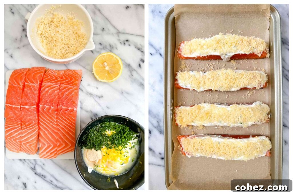 Golden Baked Garlic Herb Salmon with Panko Crunch 5 Process shots showing raw salmon fillets, a bowl of herb and garlic sour cream sauce, and Panko breadcrumbs, illustrating the preparation steps.