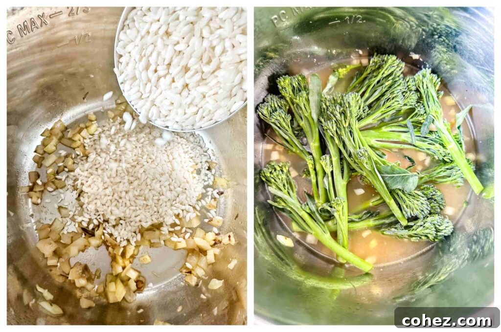 Two sequential process shots demonstrate the ease of adding ingredients to the Instant Pot. The first shows sautéed aromatics, and the second captures rice and broth being added before pressure cooking.