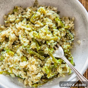 Close up of a small bowl with creamy Instant Pot risotto and a fork.