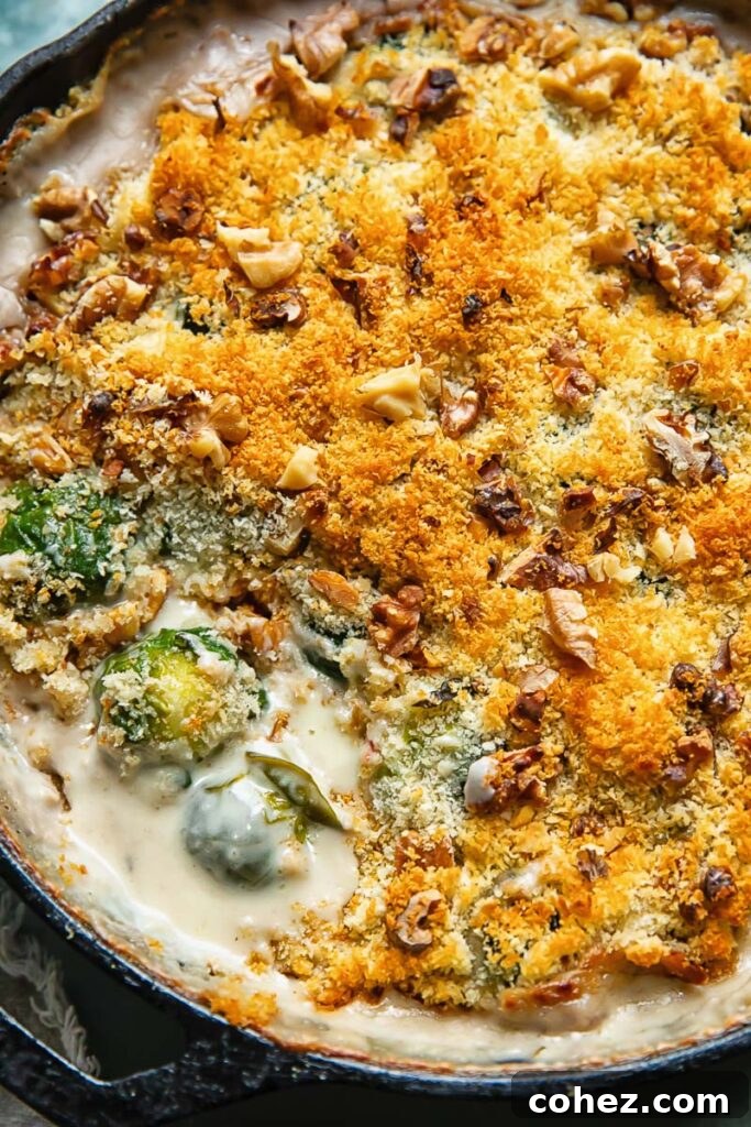 Close up shot of cheesy Brussels sprouts gratin in a deep pan topped with breadcrumbs, showcasing a rich, golden-brown crust and vibrant green sprouts peeking through.