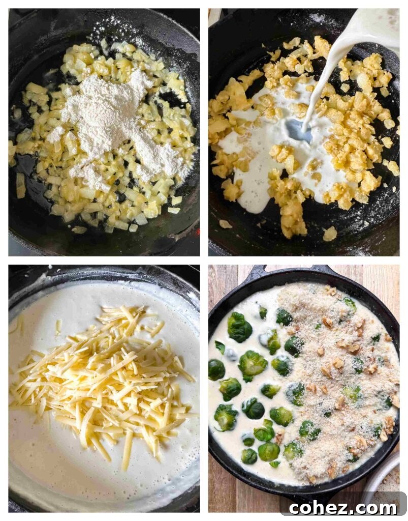 Process shots showing ingredients for Brussels sprouts gratin being prepared and combined in a pan, illustrating the steps to create the cheesy sauce and topping.