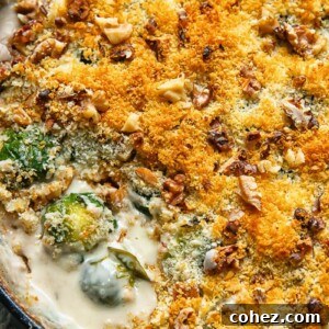 Close up shot of cheesy Brussels sprouts gratin in a deep pan topped with breadcrumbs