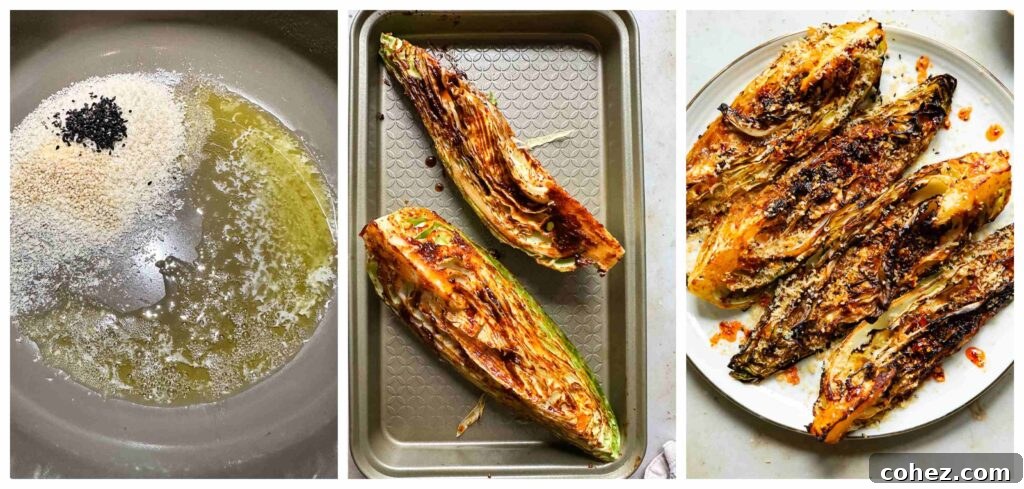 Gochujang Cabbage with Golden Crunch 5 Process shots of cabbage being marinated then roasted
