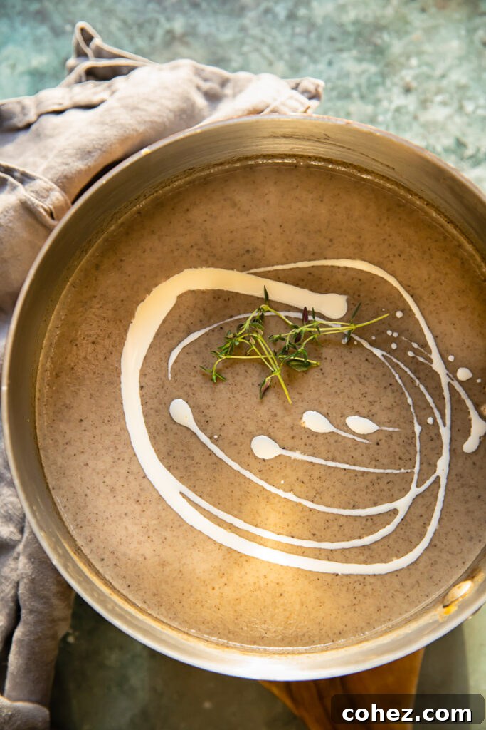 A saucepan filled with the rich, simmering Vegan Cream of Mushroom Soup, showing its inviting texture before blending.