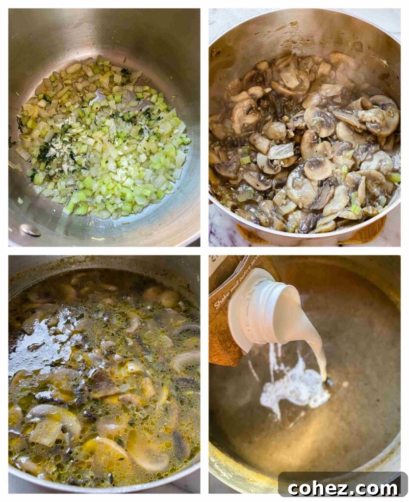 A series of process shots illustrating the step-by-step assembly of ingredients in a saucepan for Vegan Cream of Mushroom Soup.