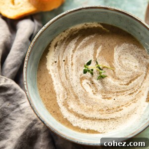 top down of vegan cream of mushroom soup in a bowl