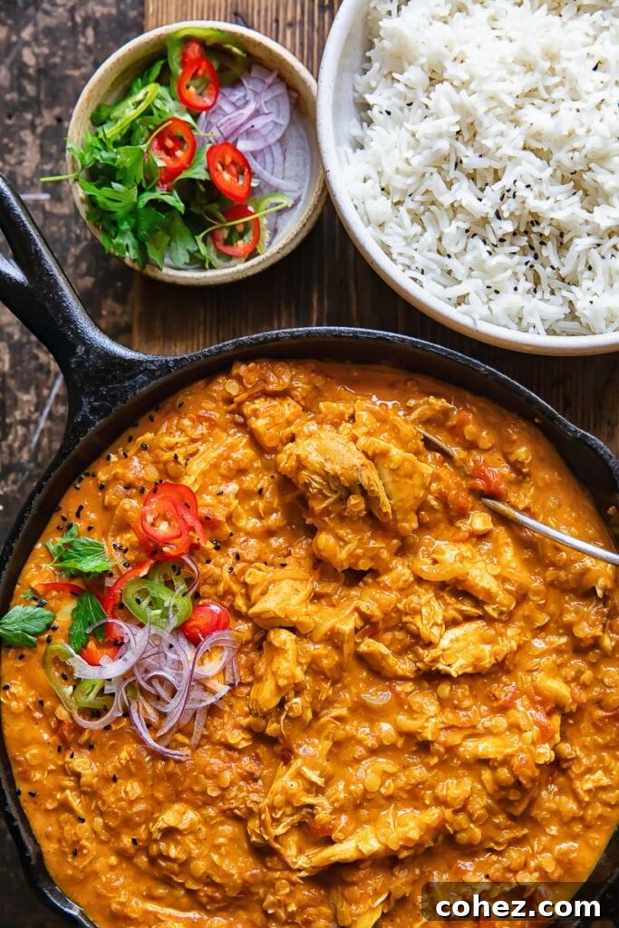 Pan with turkey and lentil curry in a pan next to a bowl of rice