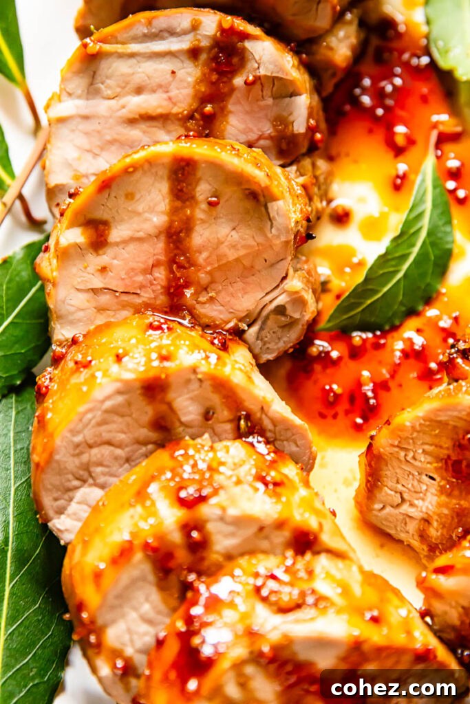 Close up shot of slices with mustard and molasses glaze