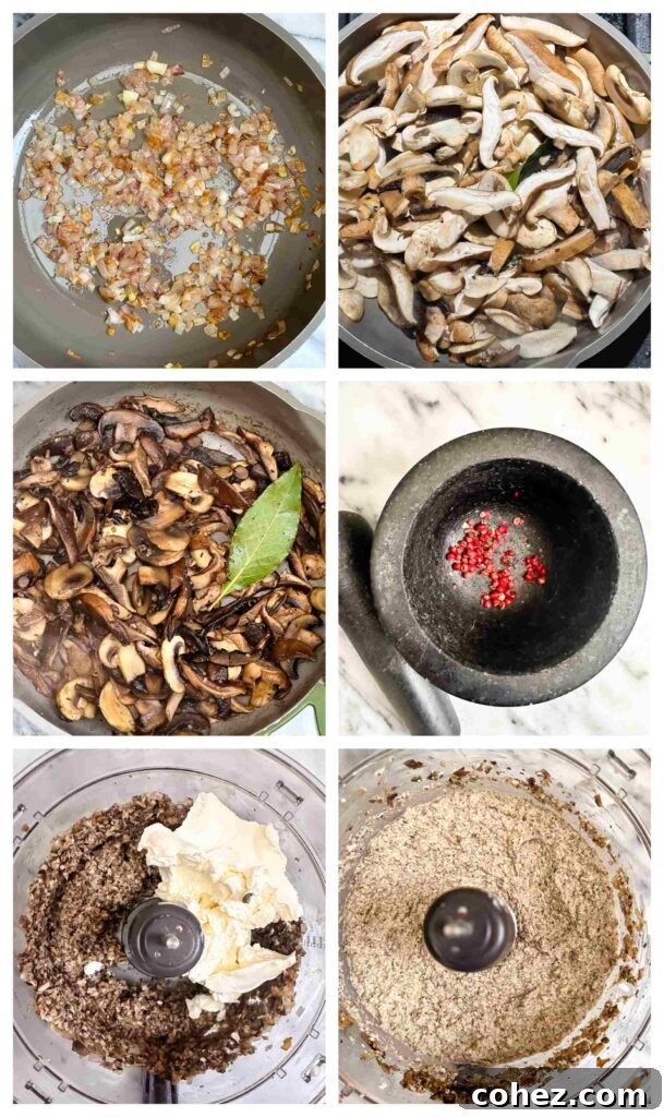 Process shots of mixed mushrooms being blended with herbs and spices