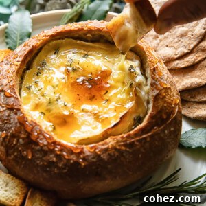 Top down shot of someone dipping bread in baked camembert
