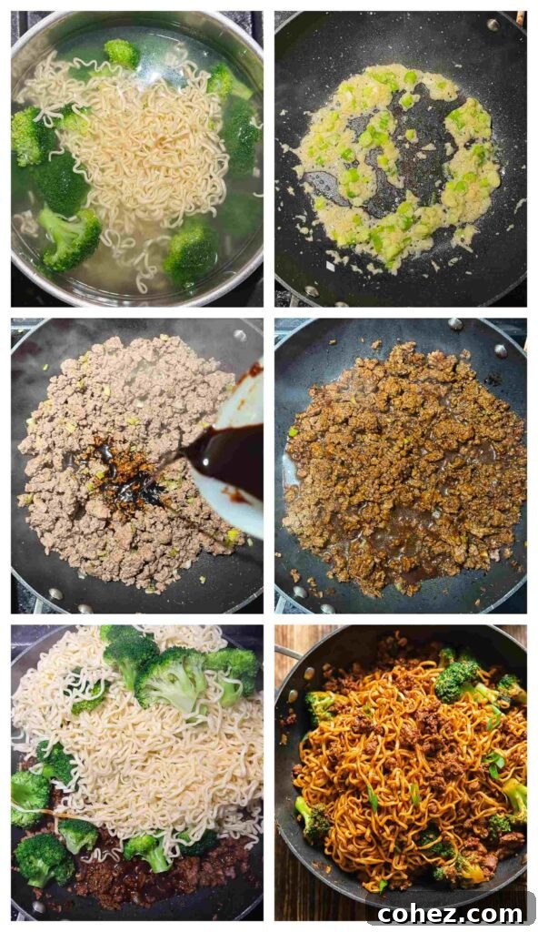 Process shots of meat and veg being cooked and stir fried with noodles and gochujang sauce