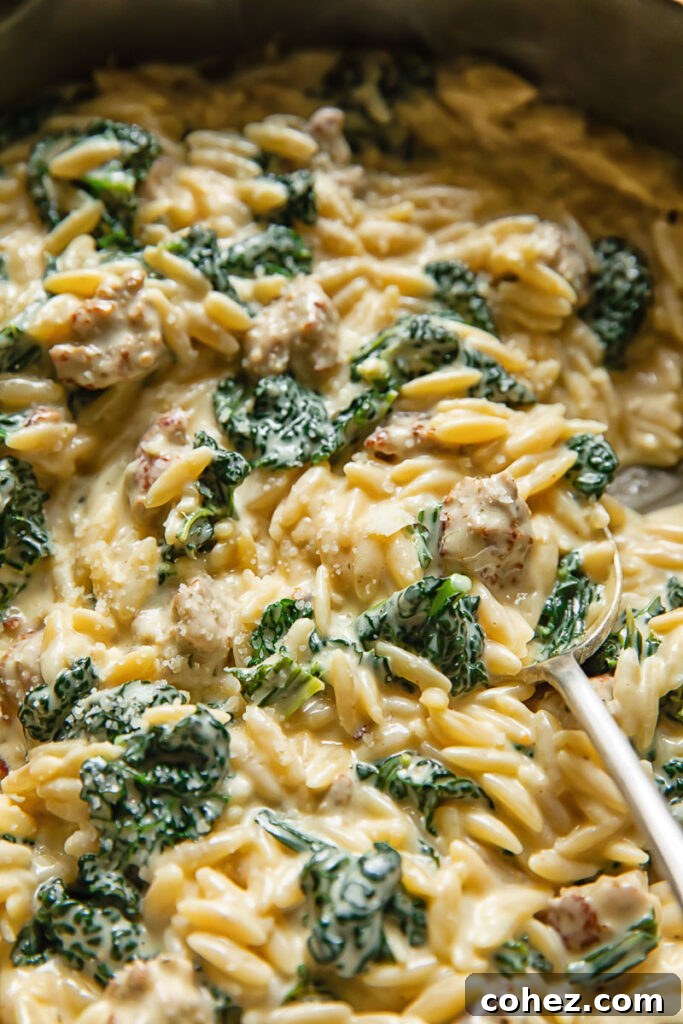 Close up shot of Italian sausage and kale orzo with a spoon, highlighting the creamy sauce, tender pasta, and visible pieces of sausage and vibrant kale.