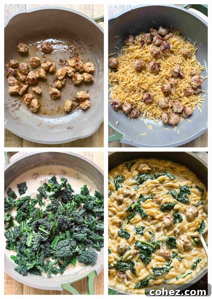 Process shots demonstrating the stages of cooking Italian sausage and orzo, including browning the sausage, adding pasta, and stirring in the sauce and kale.