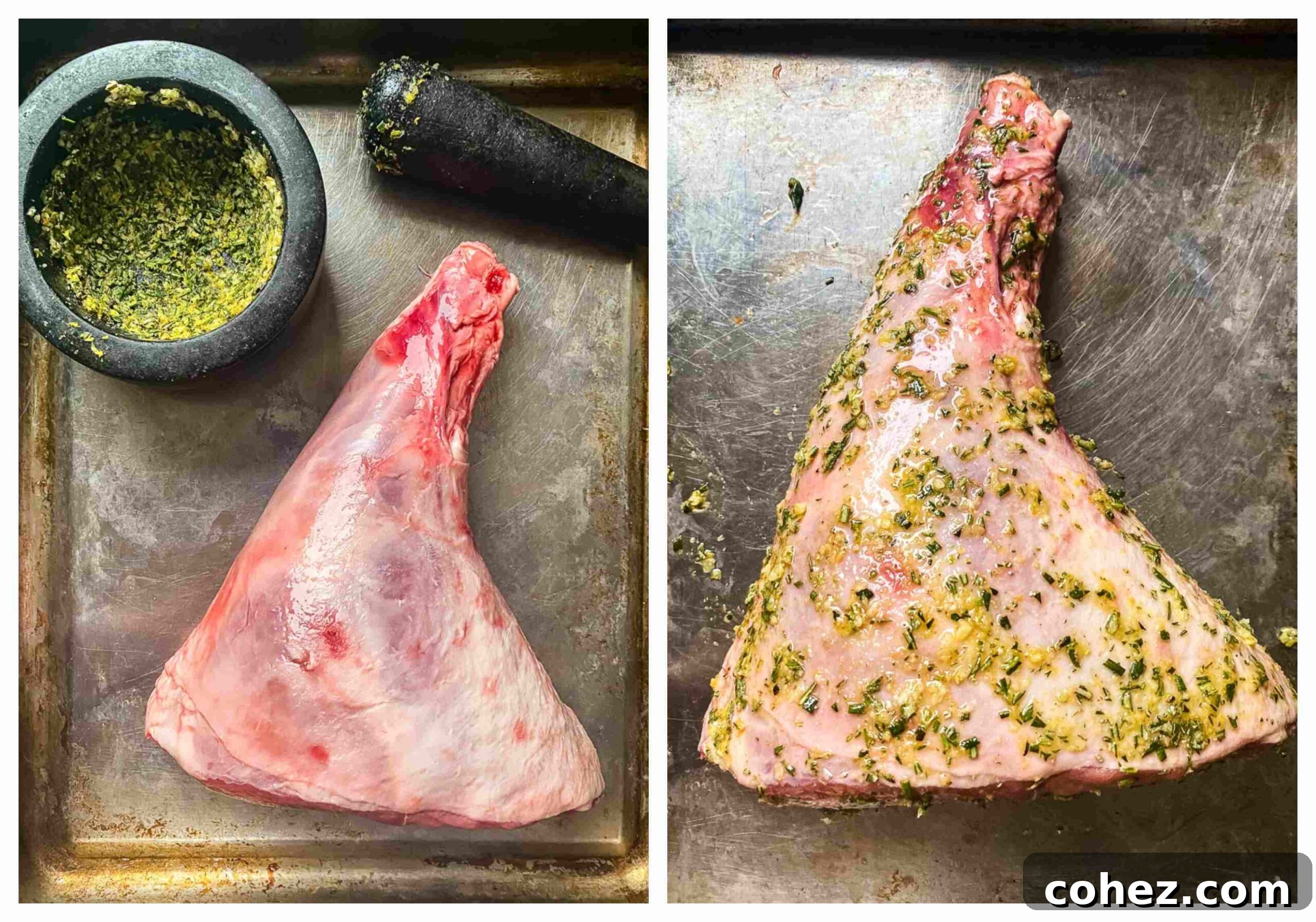 Tender Roast Leg of Lamb with Bright Mint Sauce 4 two process images showing how to apply the rub