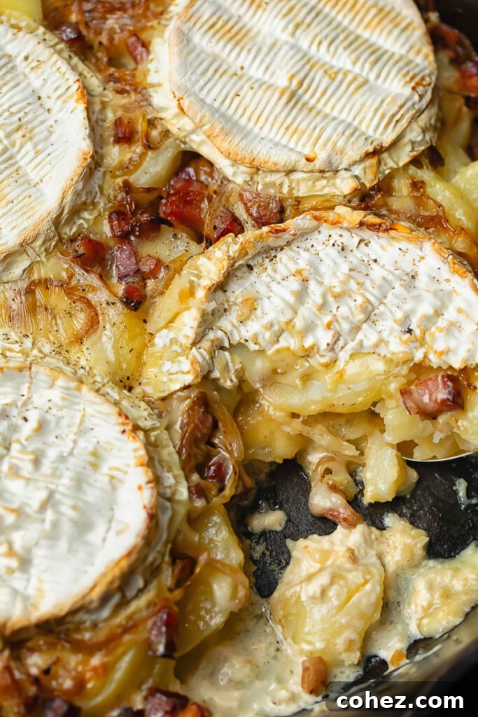 Top down shot of Tartiflette in a cast iron pan, showing melted cheese, potatoes, and bacon