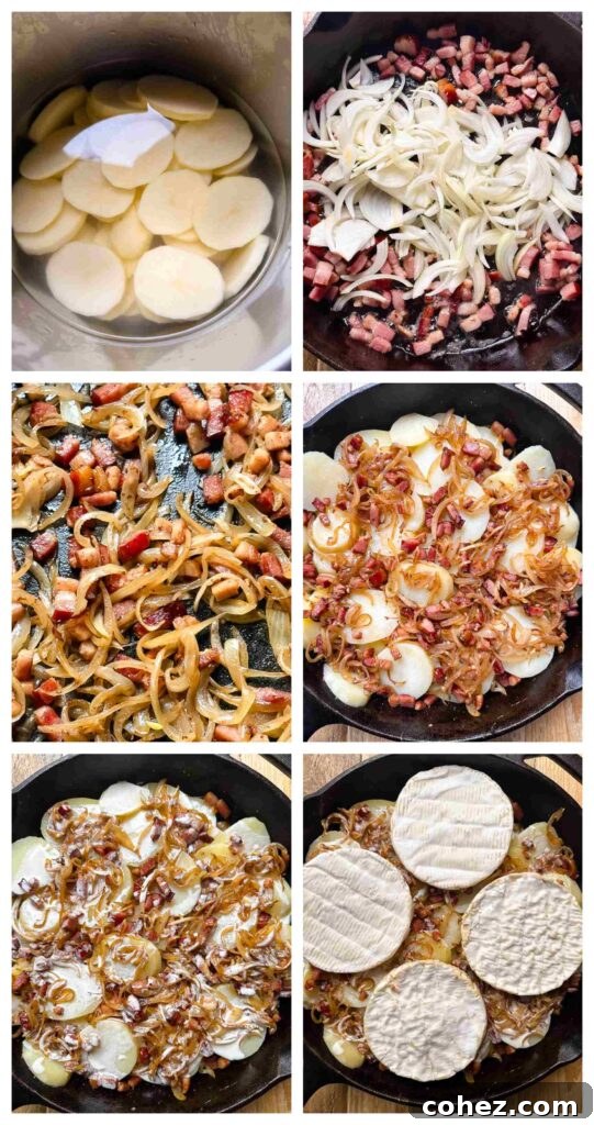 Process shots of potatoes, onions and bacon being prepped before baked with Camembert