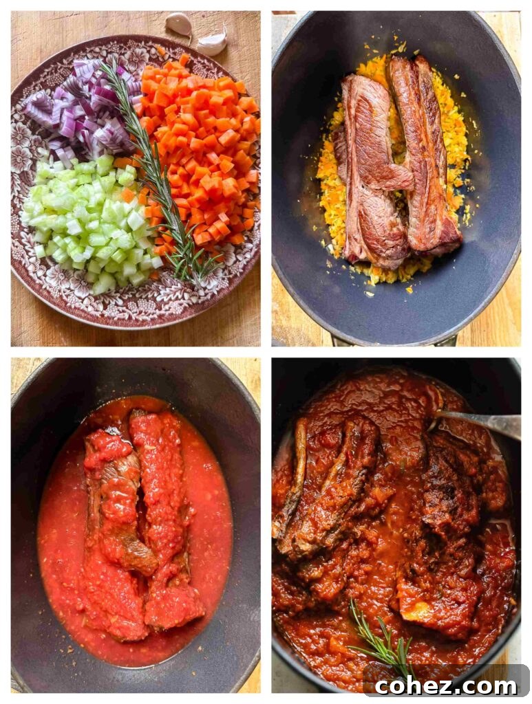 Process shots of sauce ingredients being prepared before cooked in a pot with with beef short rib